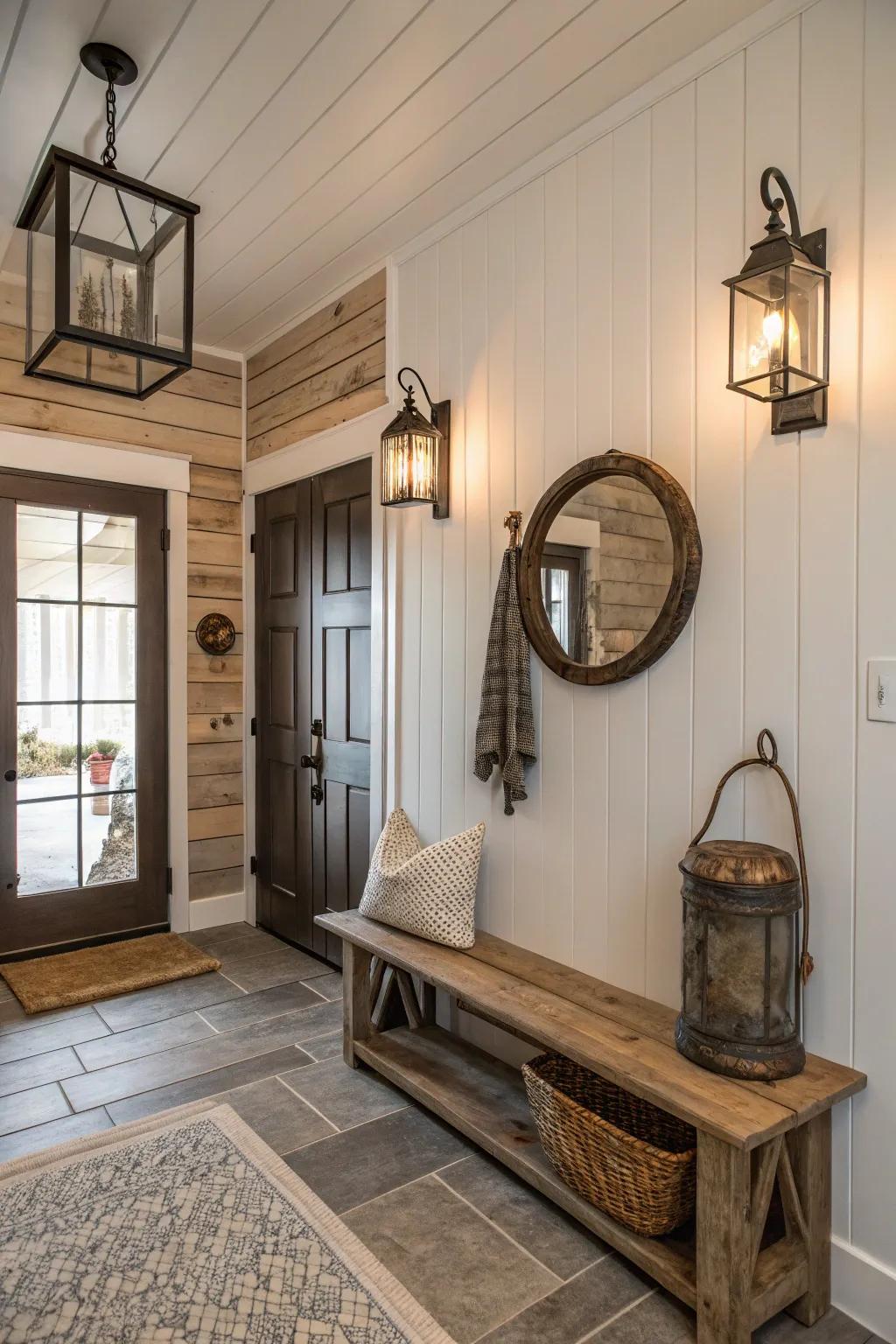 Shiplap walls enhance the rustic charm of the entryway.