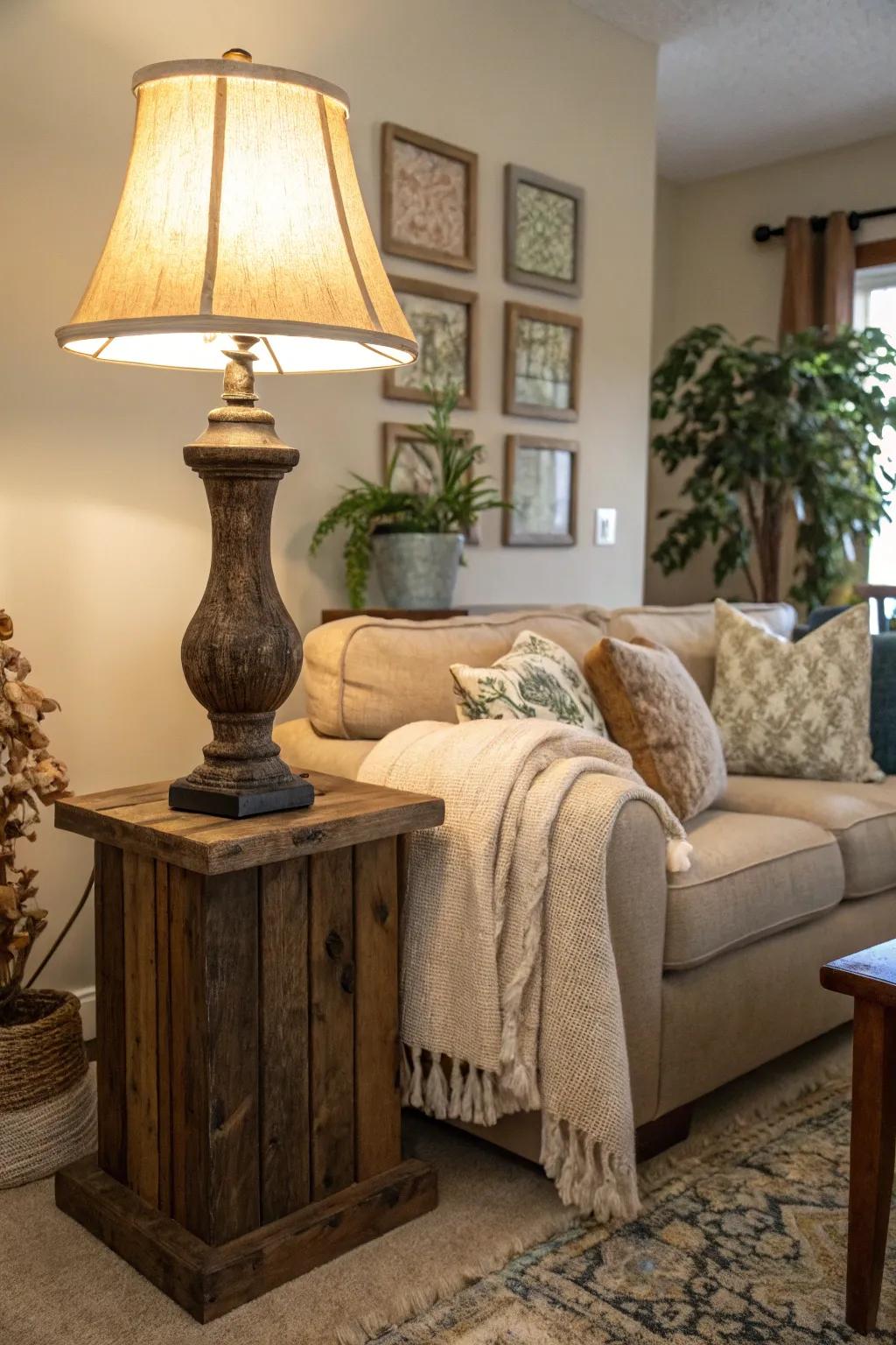 Reclaimed timber lamps integrate sustainable charm.
