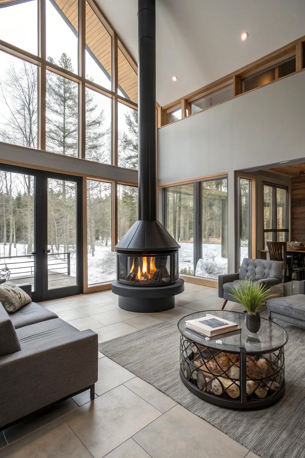 A glass-enclosed fireplace blending safety with streamlined design.