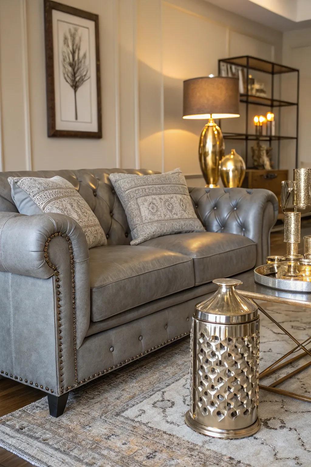 Metallic accents adding a touch of glamour to a modern living room.