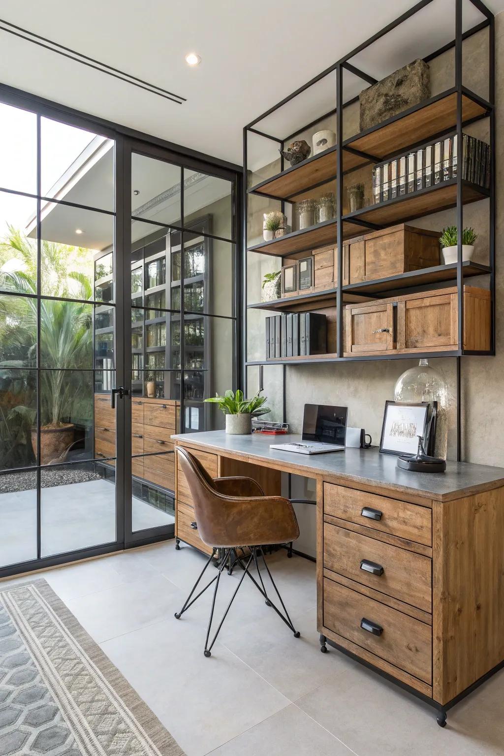 Mixing materials to achieve a dynamic home office design.