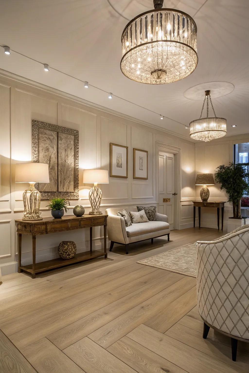 Illumination plays a vital role in accentuating pale wood floors.