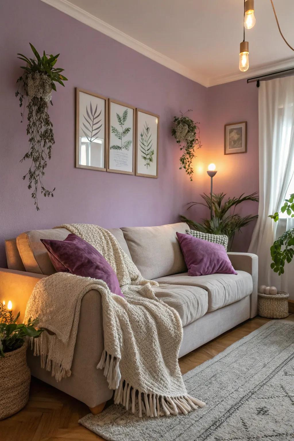 Pale purple walls create a calming and inviting atmosphere in this living room.