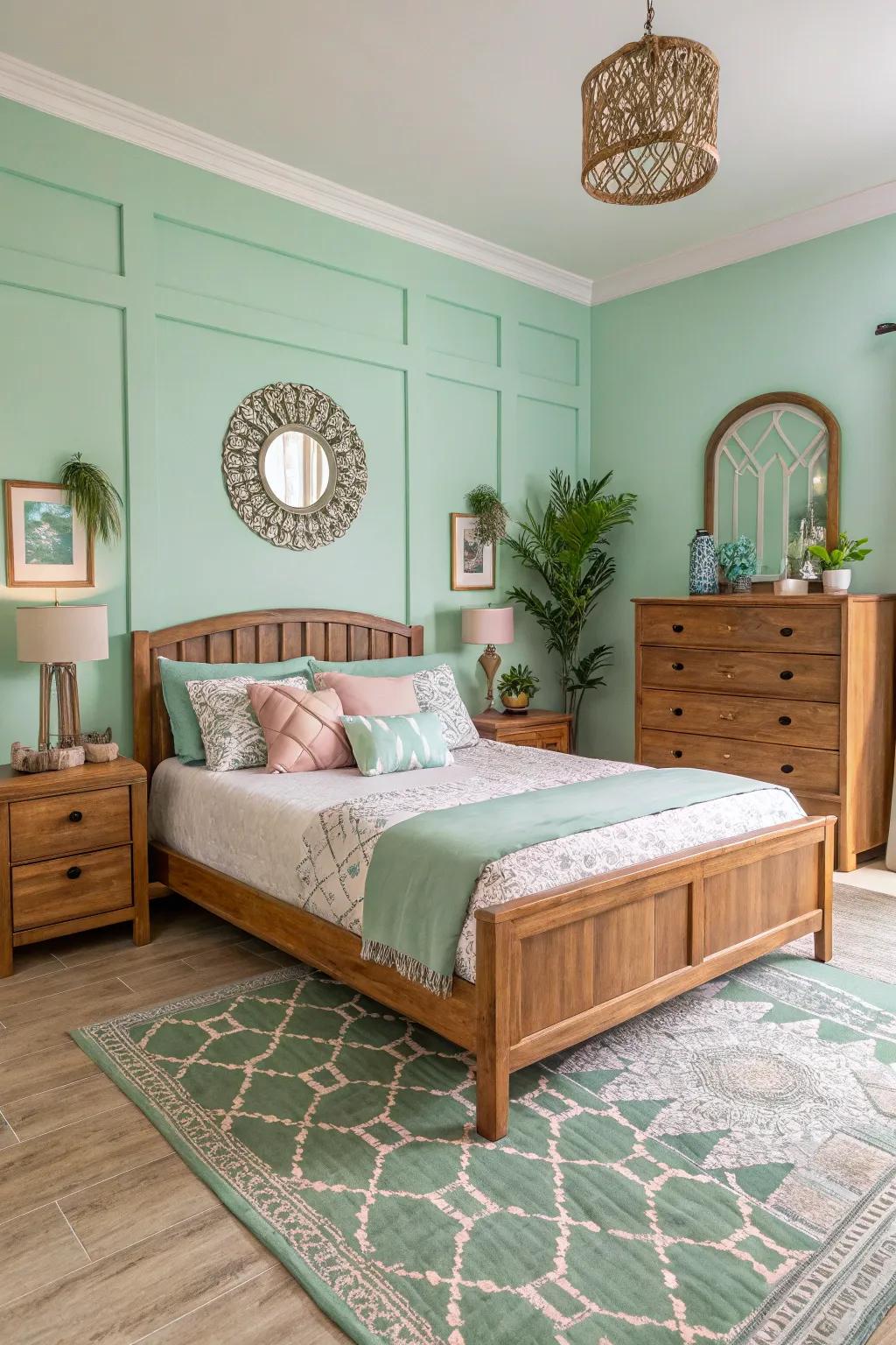 Welcoming wooden accents in a soft jade bedroom.