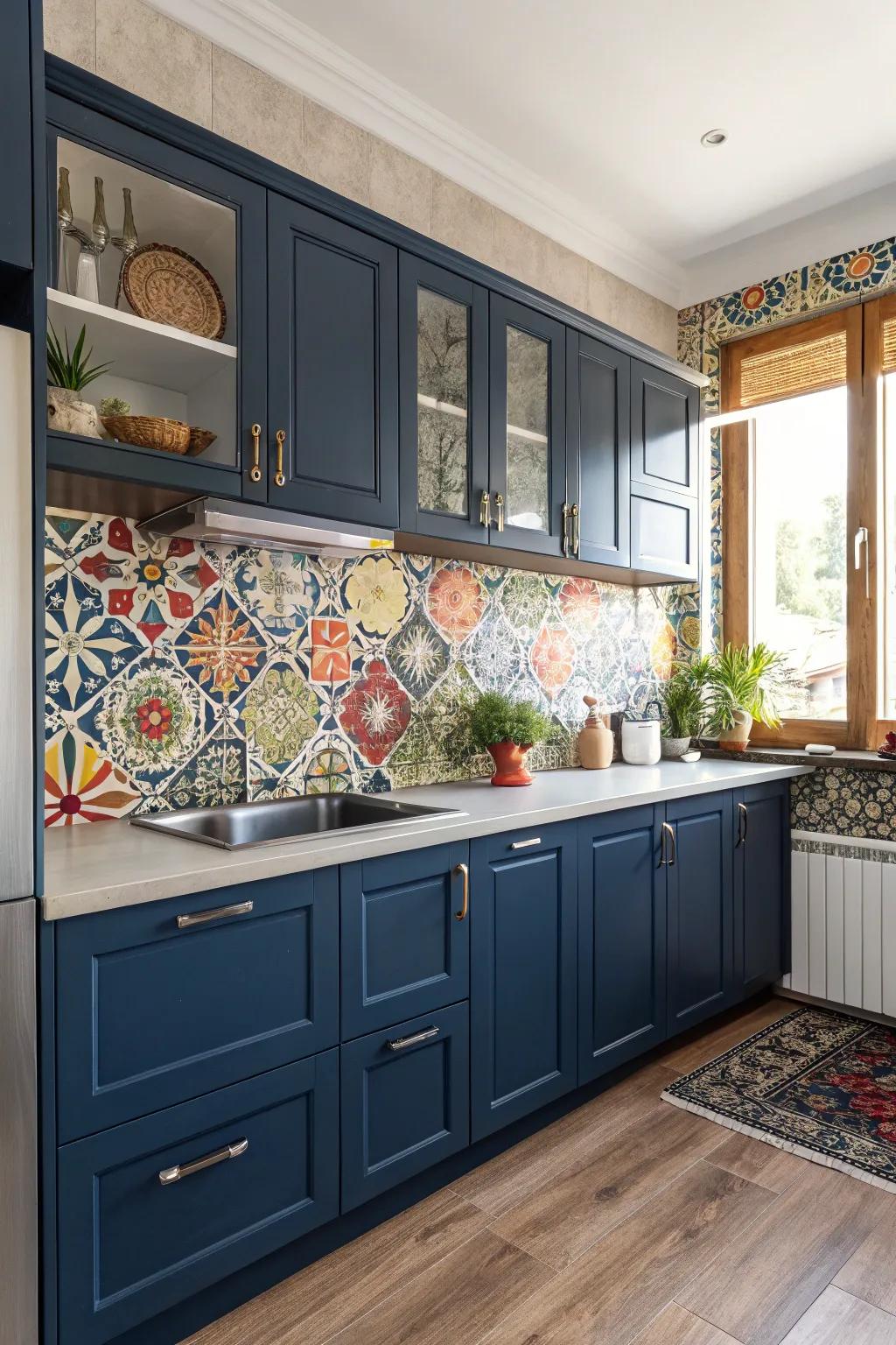 Moroccan tiles inject a spirited and exotic nuance into marine blue kitchens.