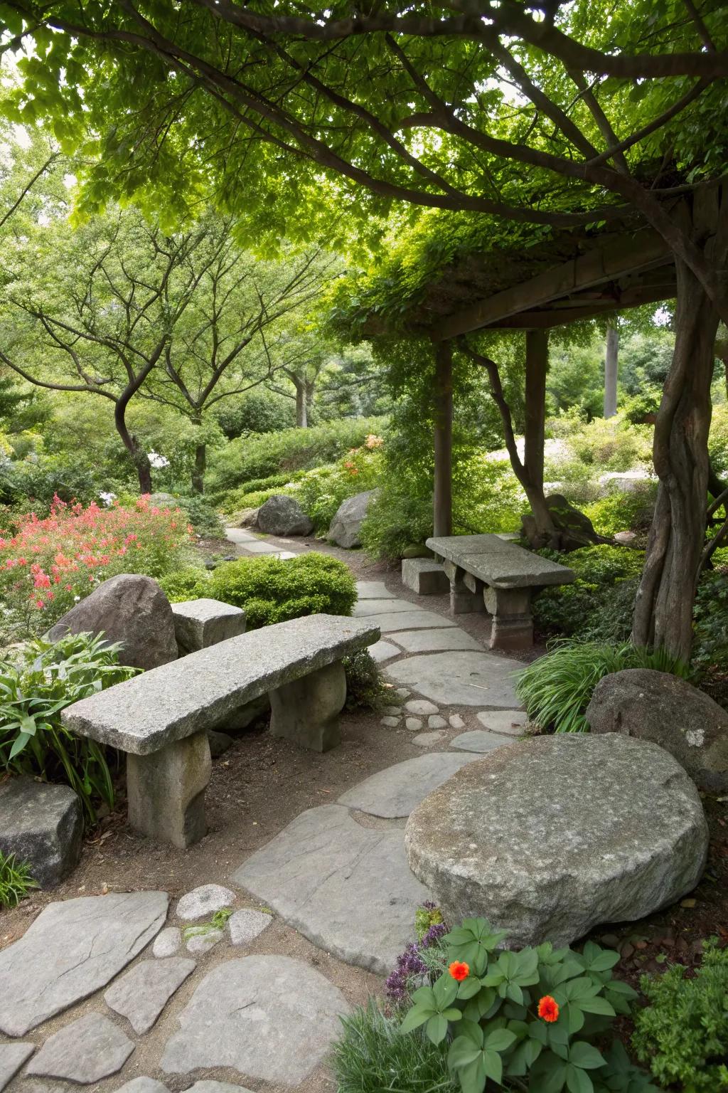 A stone seat seating zone invites leisure and appreciation of nature.