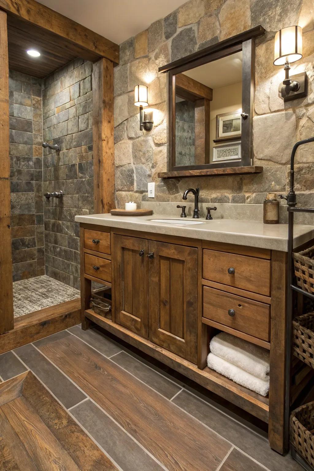 Layered textures instill depth and visual interest into the rustic design.