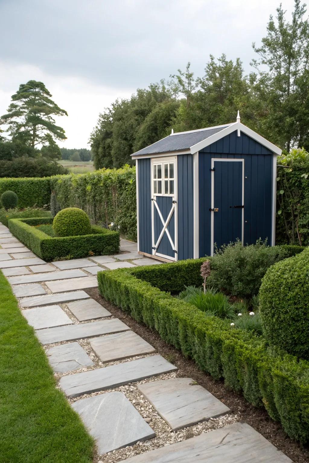 A sophisticated navy shed, a timeless addition to any garden.