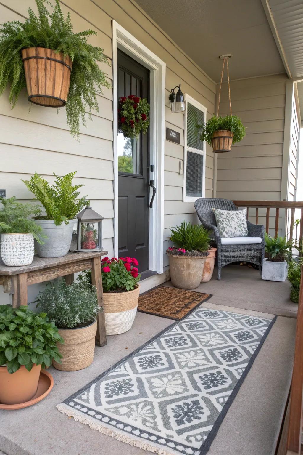 A small front porch showcasing functional and decorative items, blending style with utility.