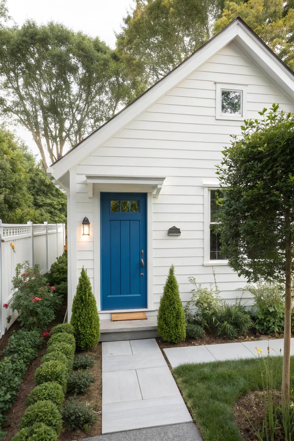 White siding and a cerulean entrance provide a striking contemporary touch.