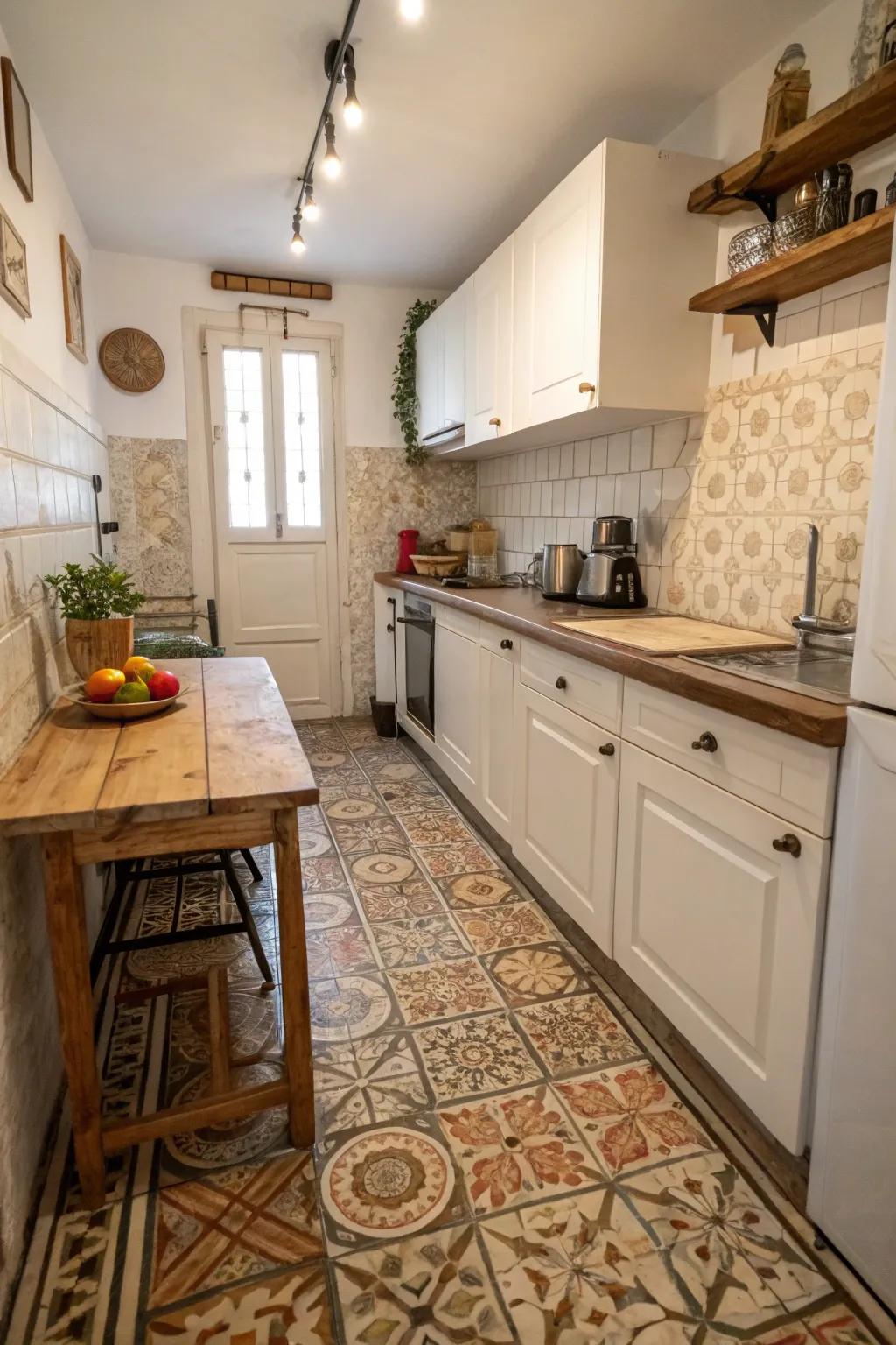 Encaustic patterned coverings adding vintage vibes to a small kitchen