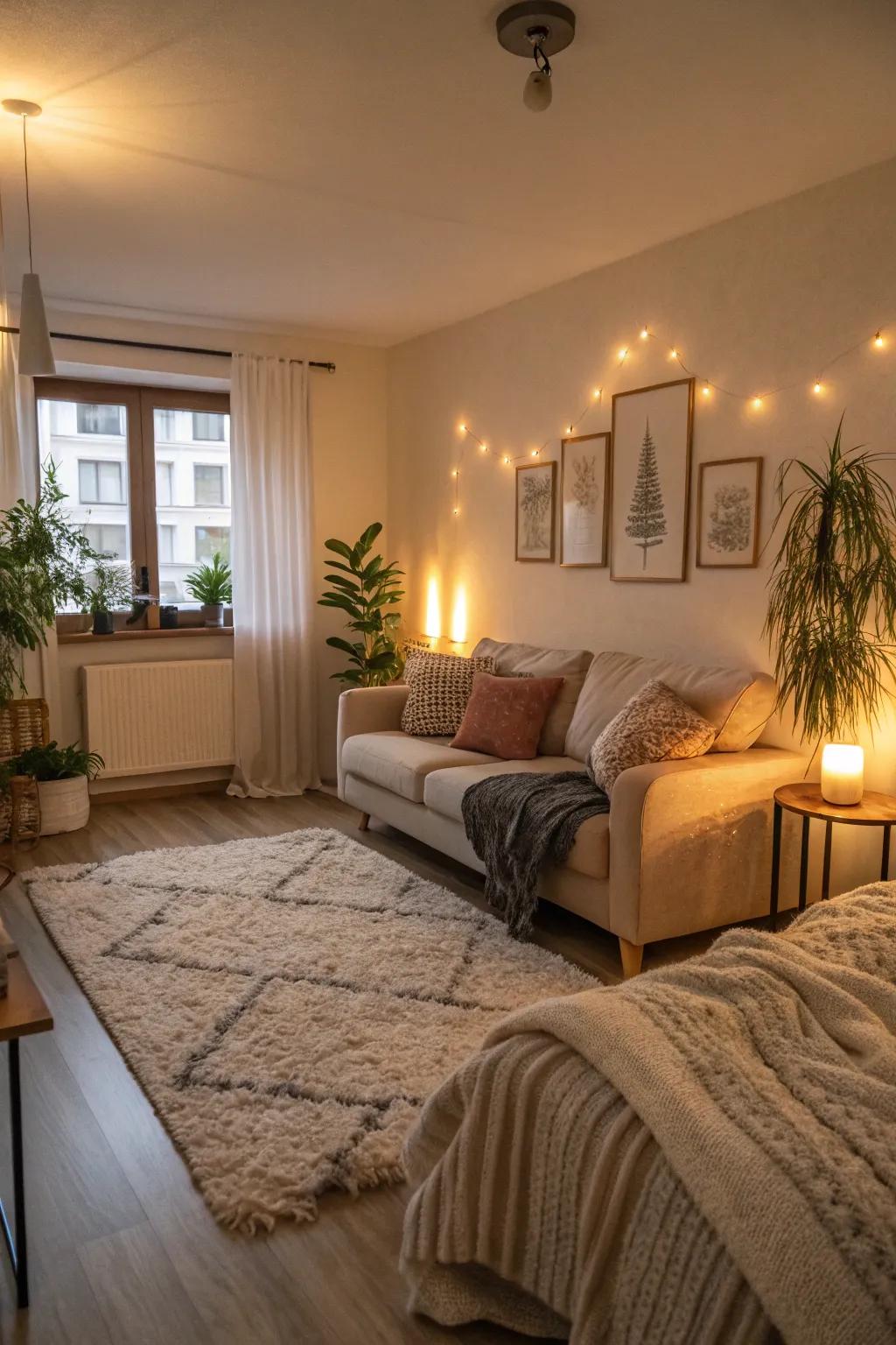 A cozy studio apartment featuring warm lighting and soft furnishings.