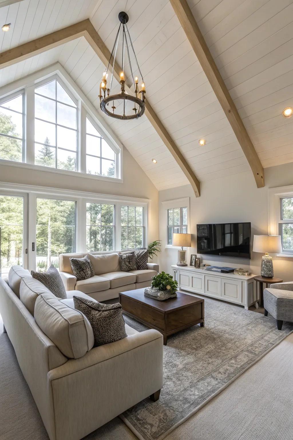 Spacious furniture introduces comfort and style to this vaulted ceiling living zone.
