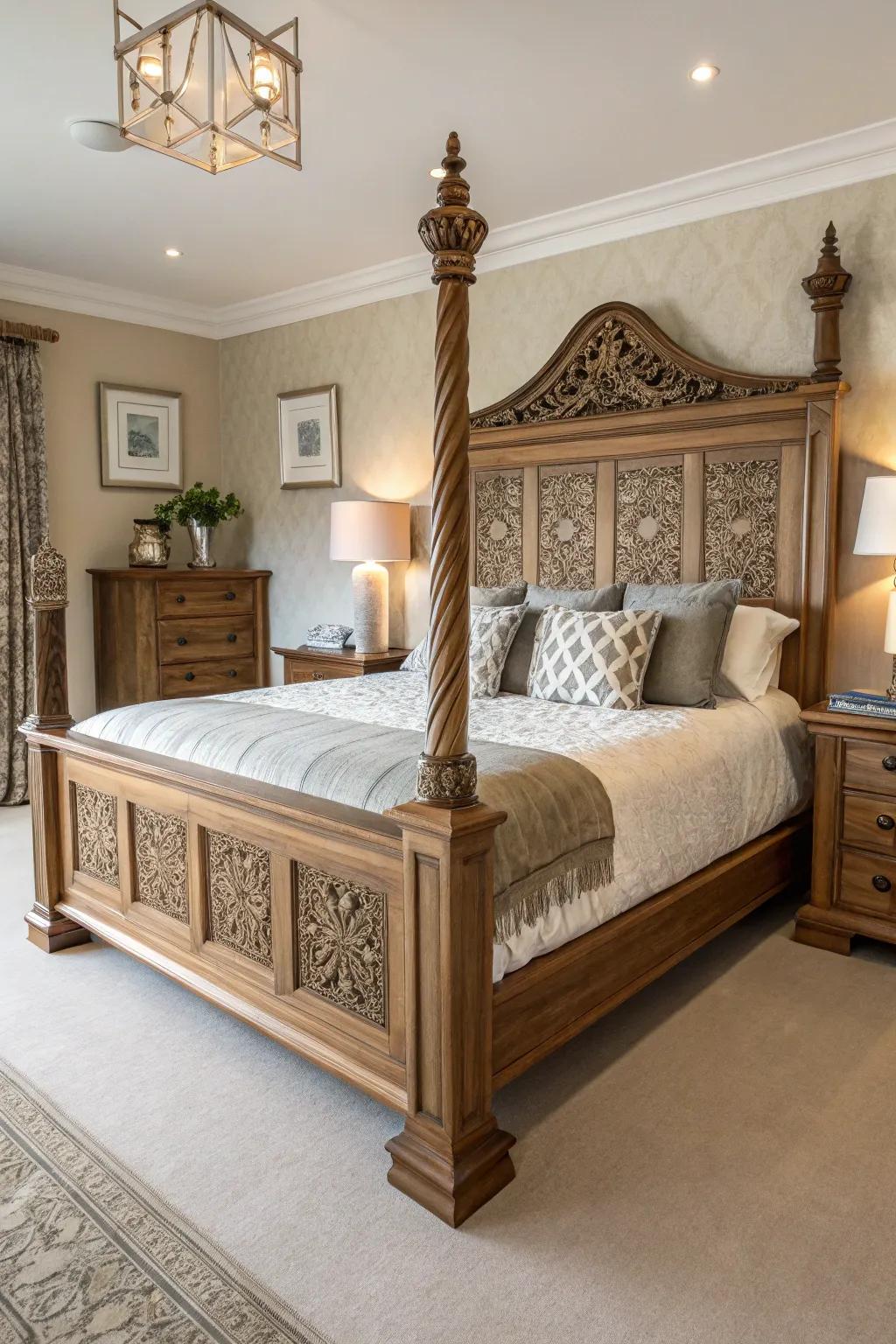 A custom bed frame adds a unique and personal touch.