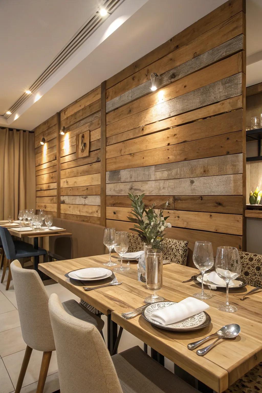 Introduce depth and warmth with a timber panel wall featuring a variety of timber shades.