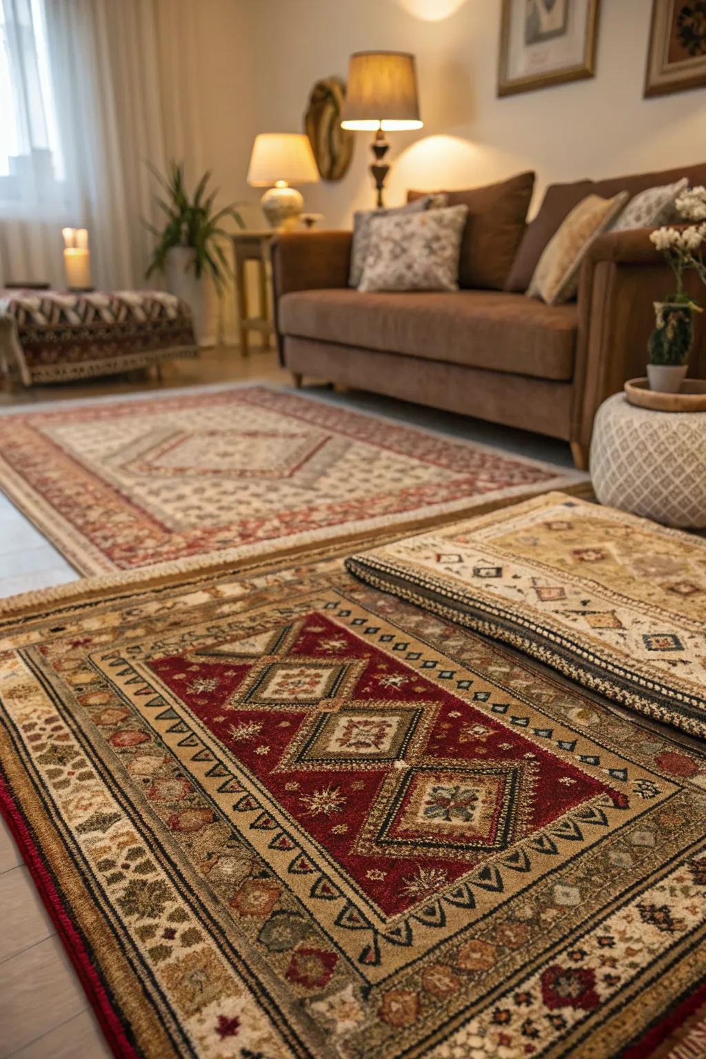 Layered rugs adding depth to a moody living room.