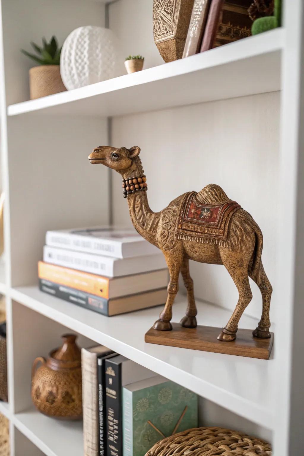 A charming camel carving adding a hint of Morocco to your decor.