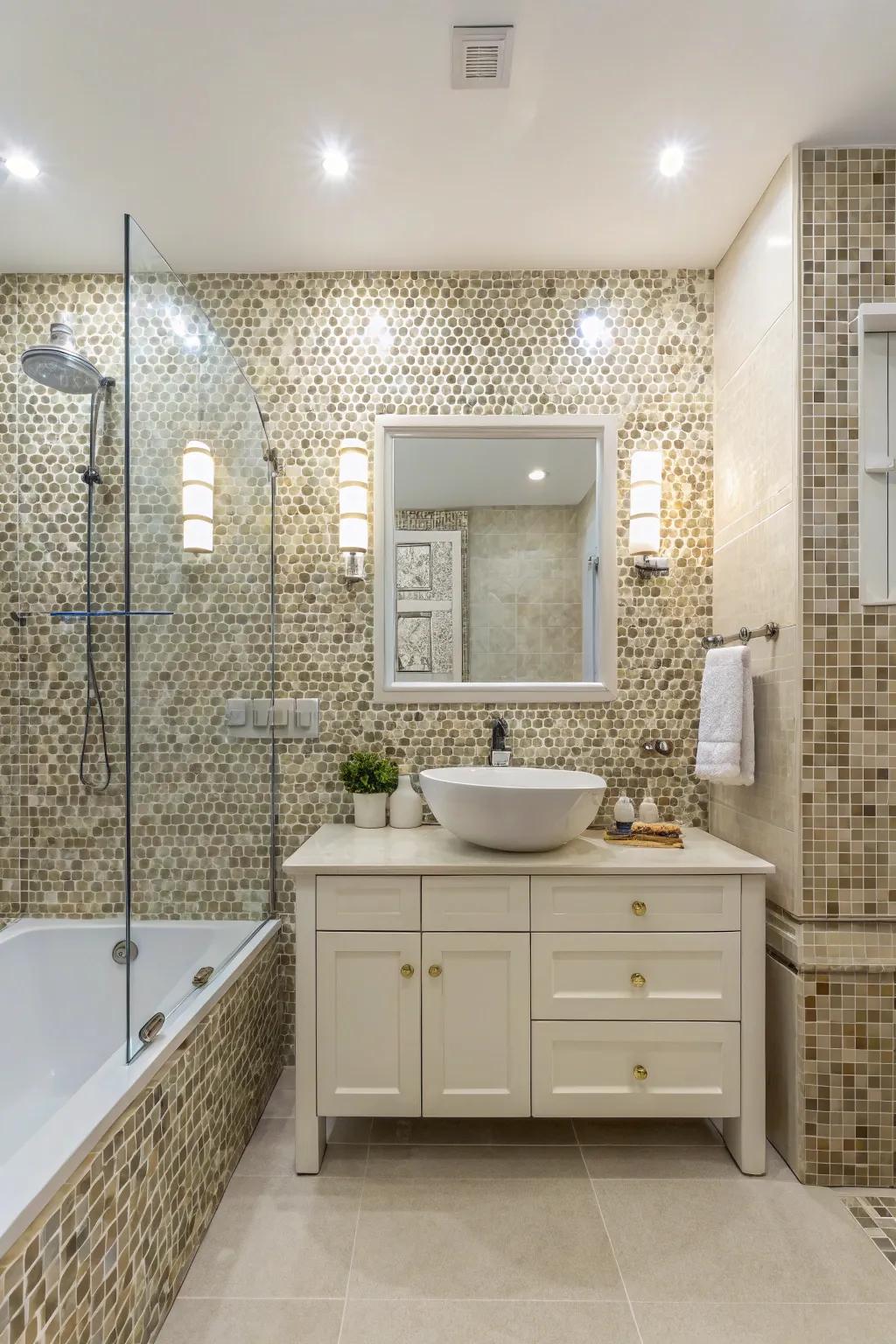 Find true harmony throughout tiles and bath fixtures.