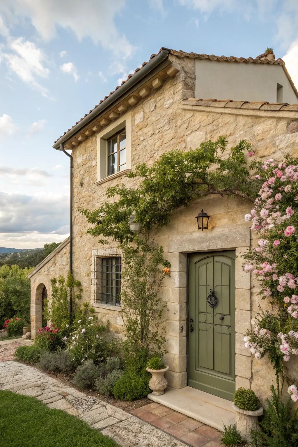 Verdant door incorporates an earthy undertone to a beige house.