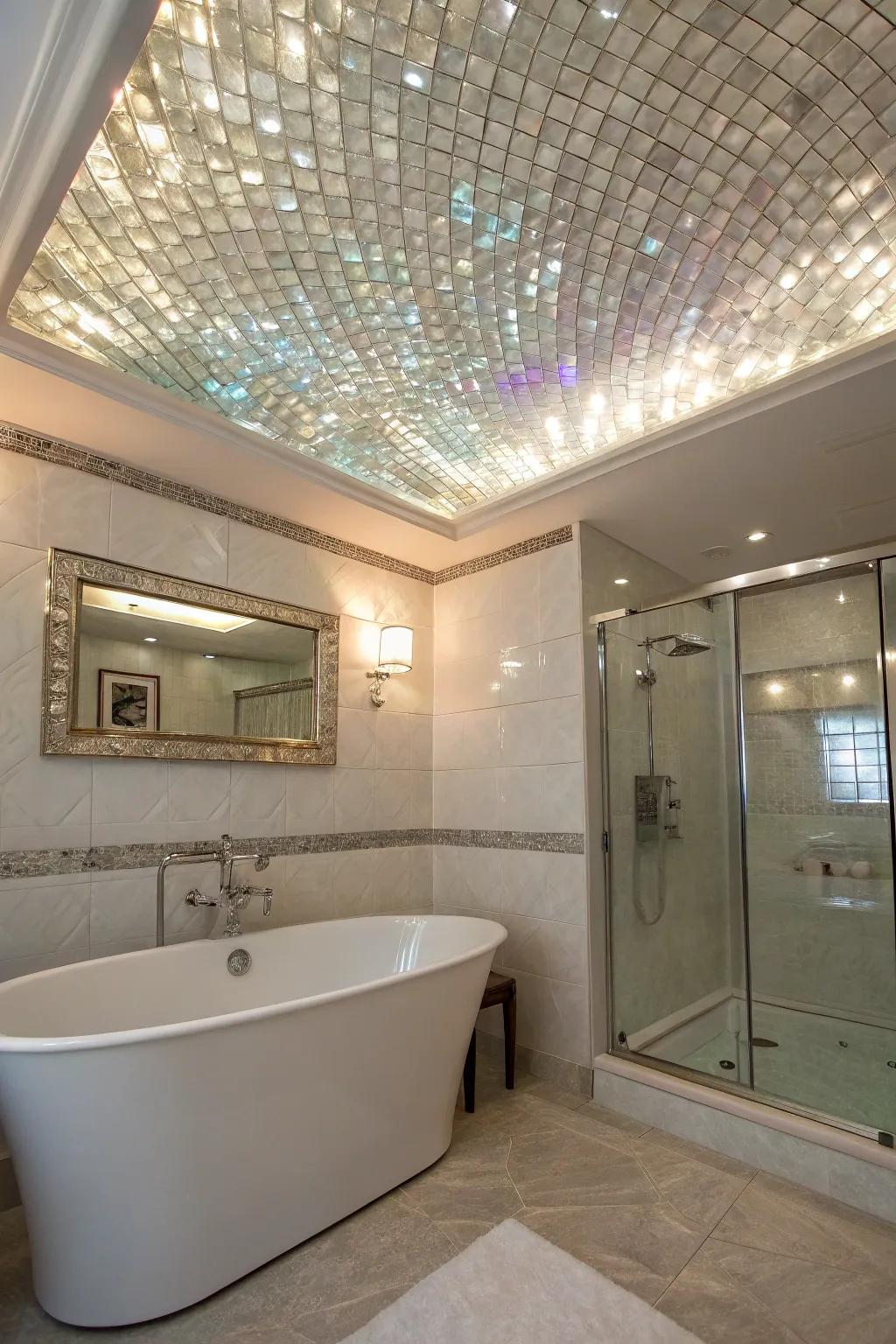 An unexpected ceiling treatment with mother of pearl tiles creates a wow factor.