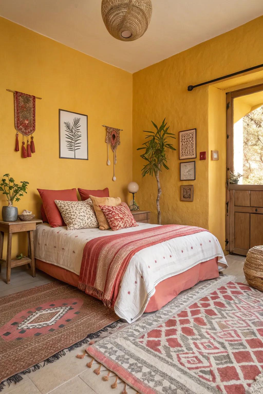 An interior rest space integrating goldenrod, terra, in combination with shades of coral.