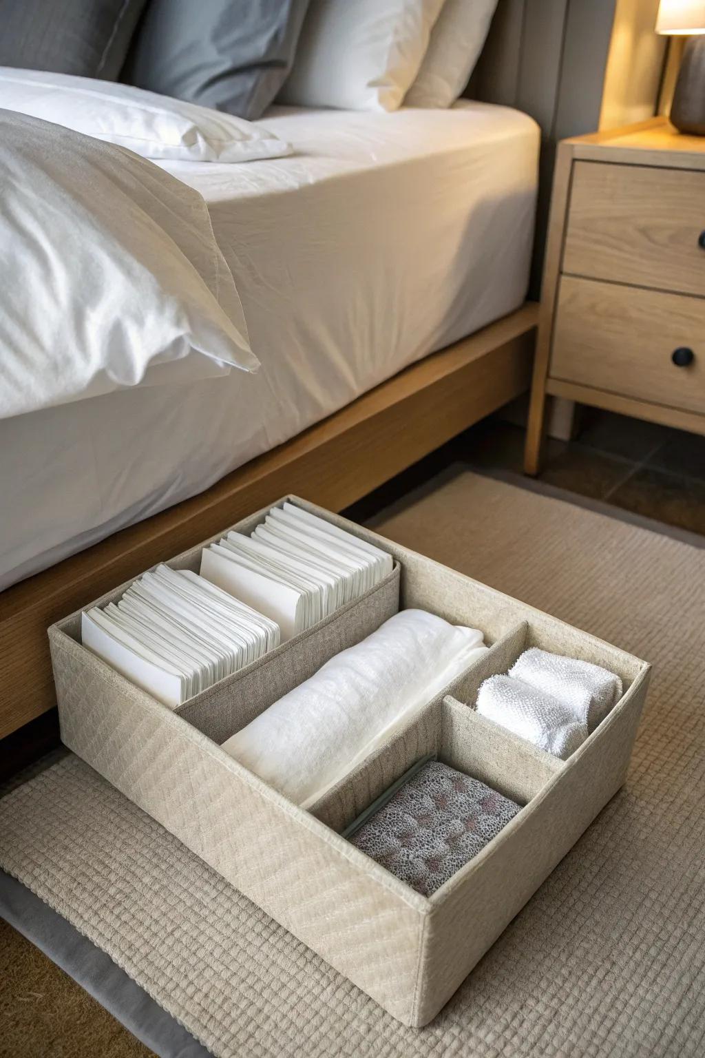 Employ the area beneath your bed to effectively organize napkin storage.
