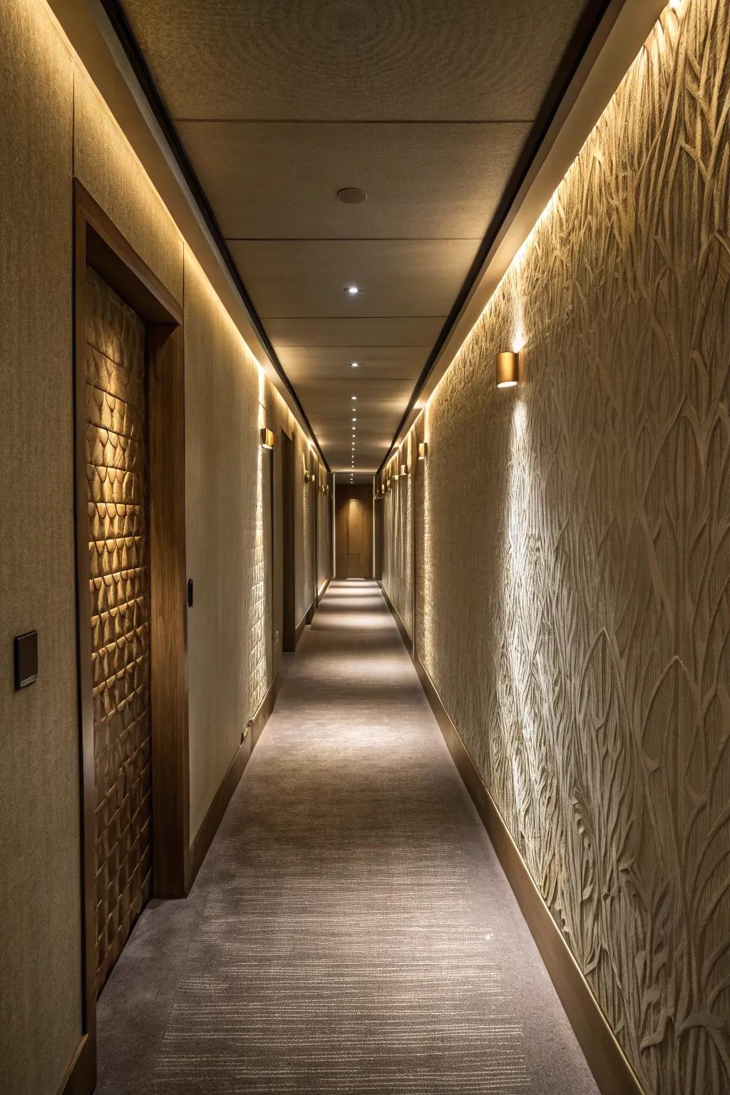 Embossed walls infuse dimension and fascination into a narrow hallway.