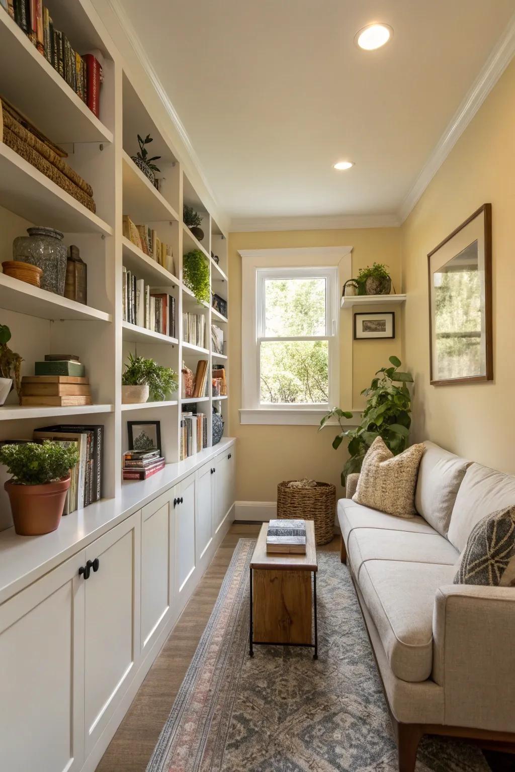 Custom built-in shelves maximizing storage capabilities within a cozy living space.