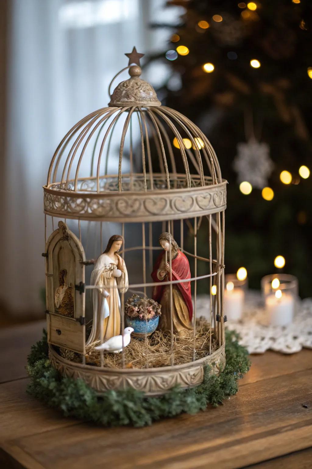 An aviary furnishes a creative variation to the nativity presentation.
