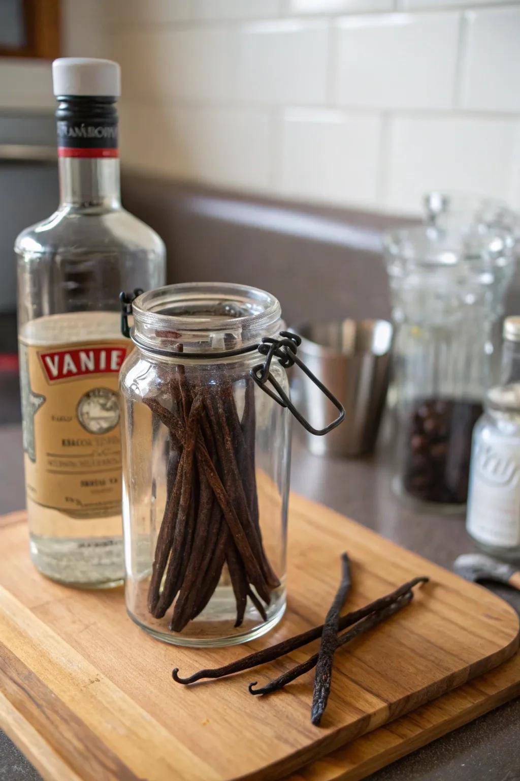 A homemade vanilla essence exuding a sweet, welcoming aroma.
