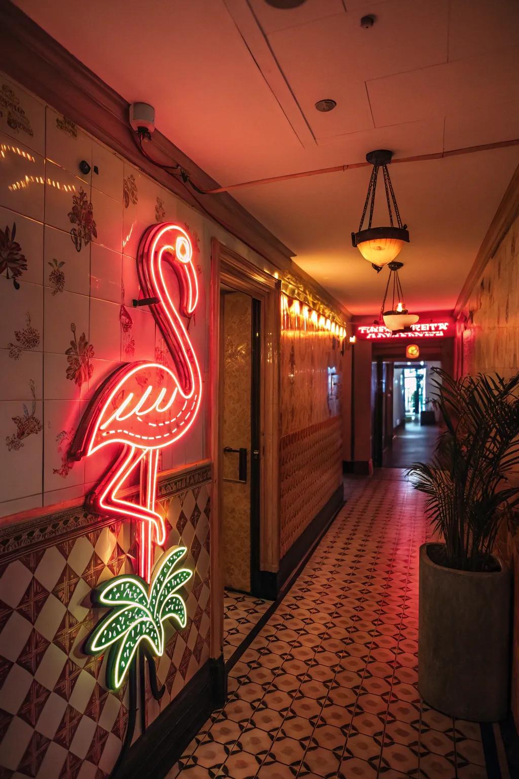 A retro neon palm tree design brings vintage charm to a hallway.