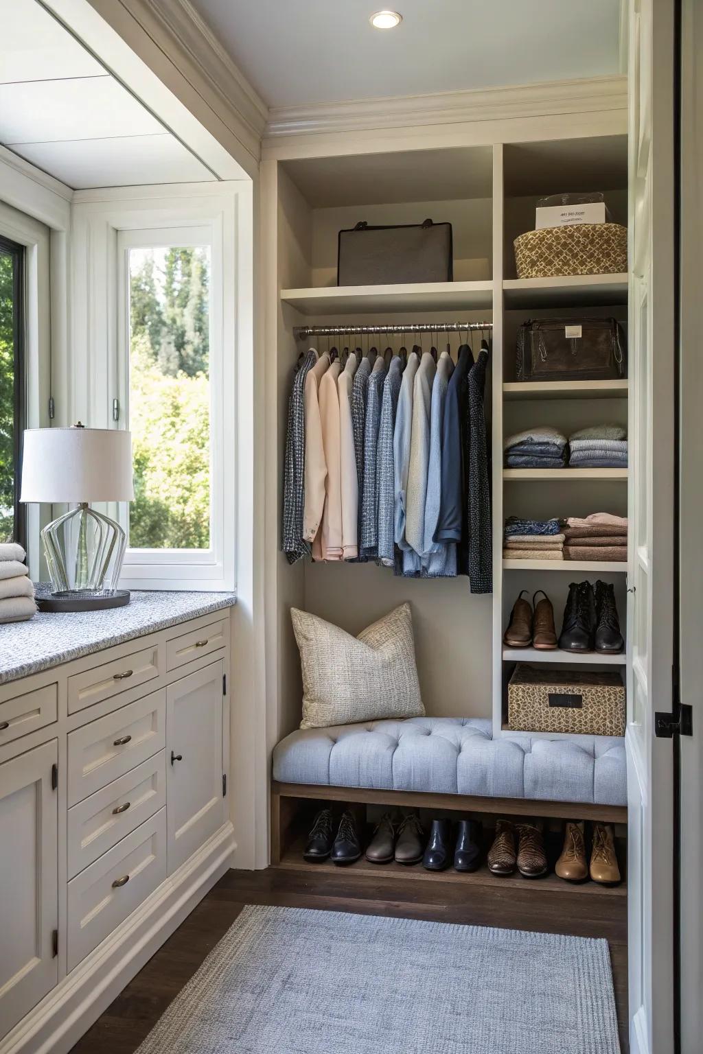 A closet that includes a comfortable seating area