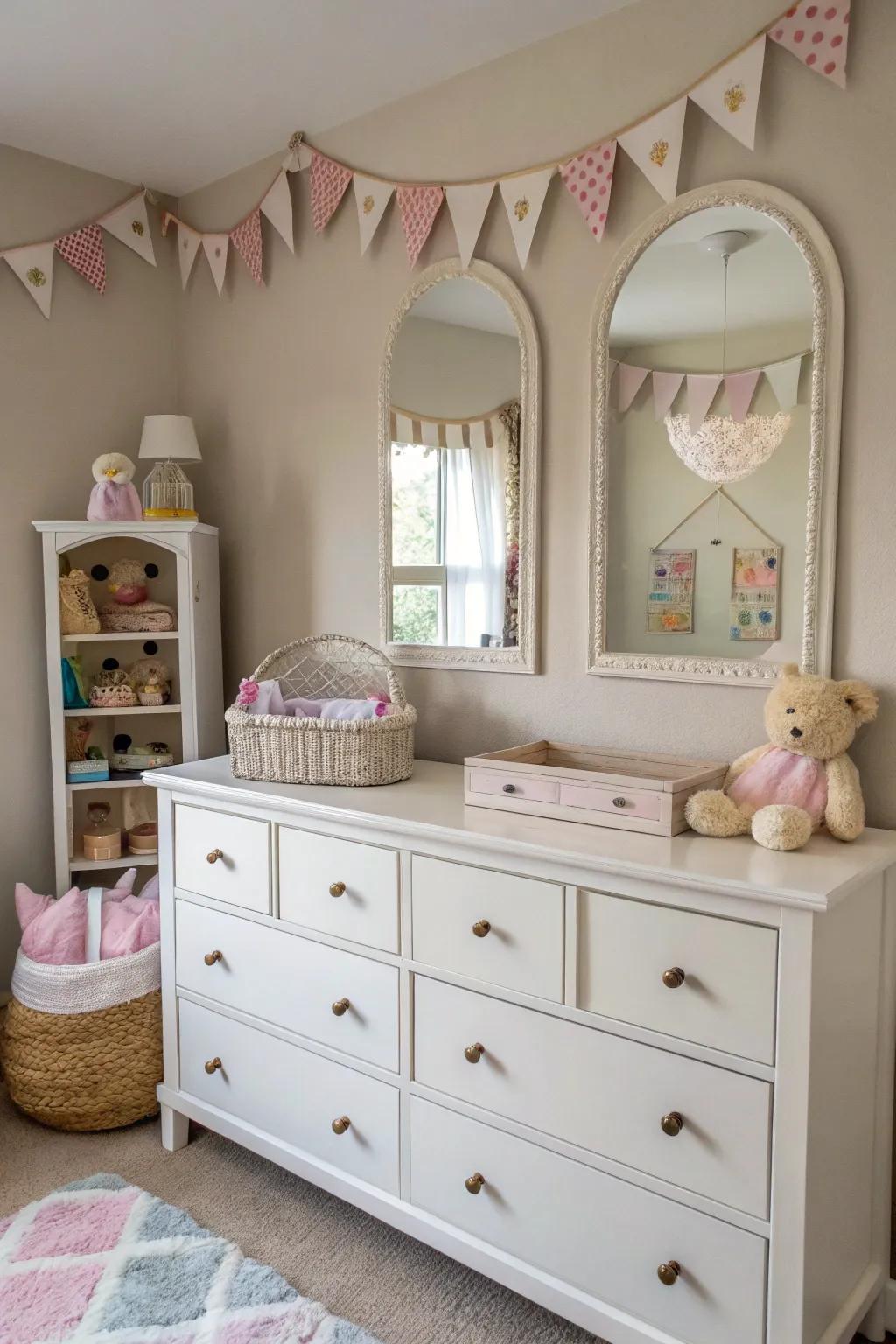 Paired reflectors contribute balance and symmetry to this nursery.