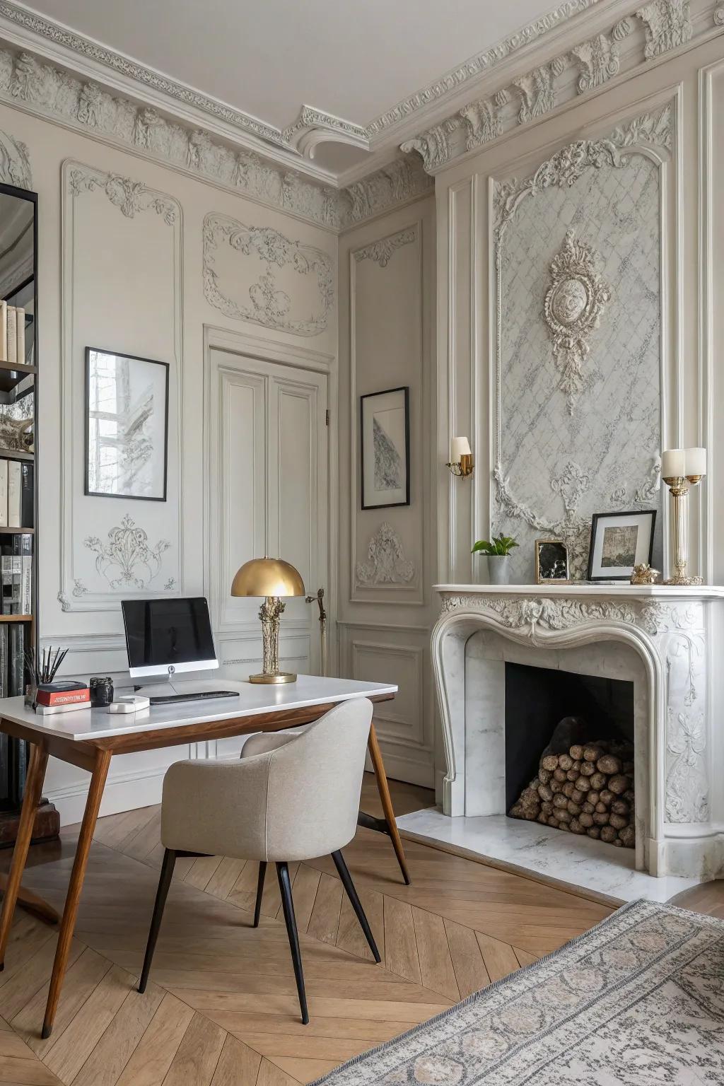 Parisian-inspired elegance graces this office.