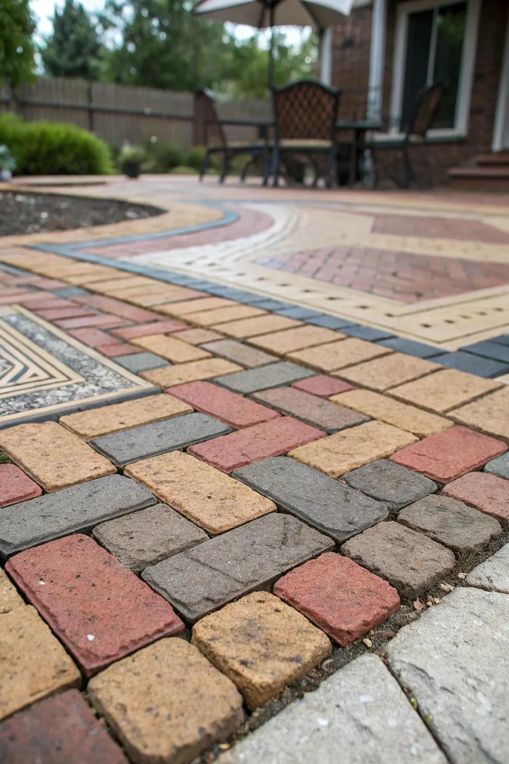 Artistic inlays add visual interest to the brick patio