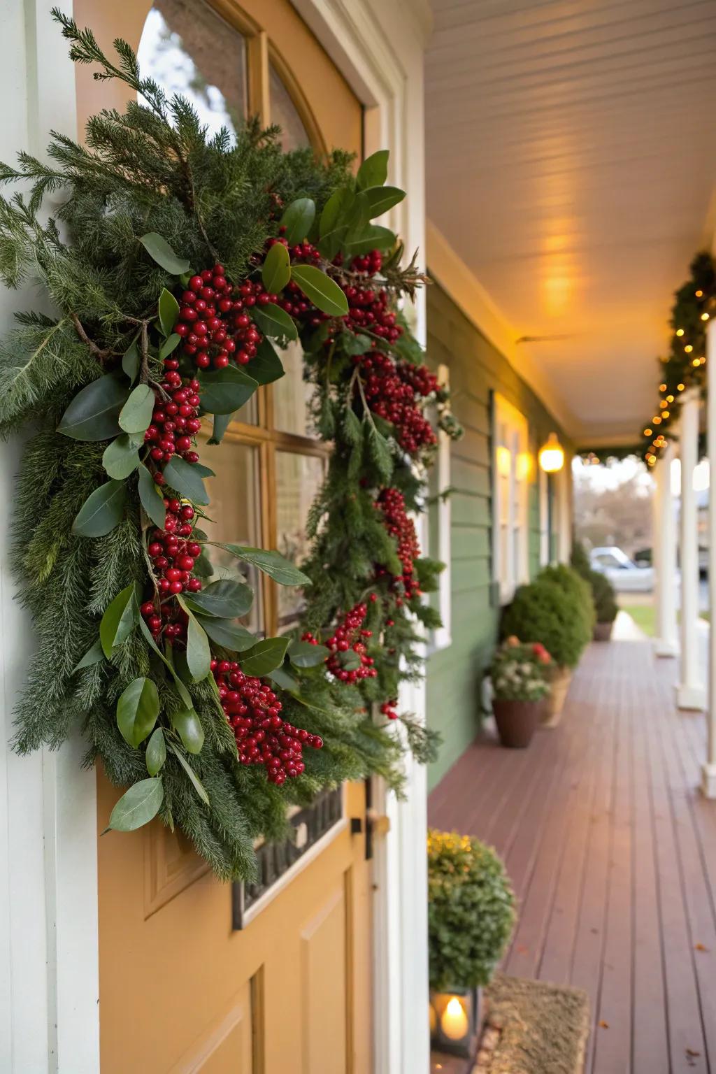 Celebratory circlets proffer a cordial welcome to holiday guests.