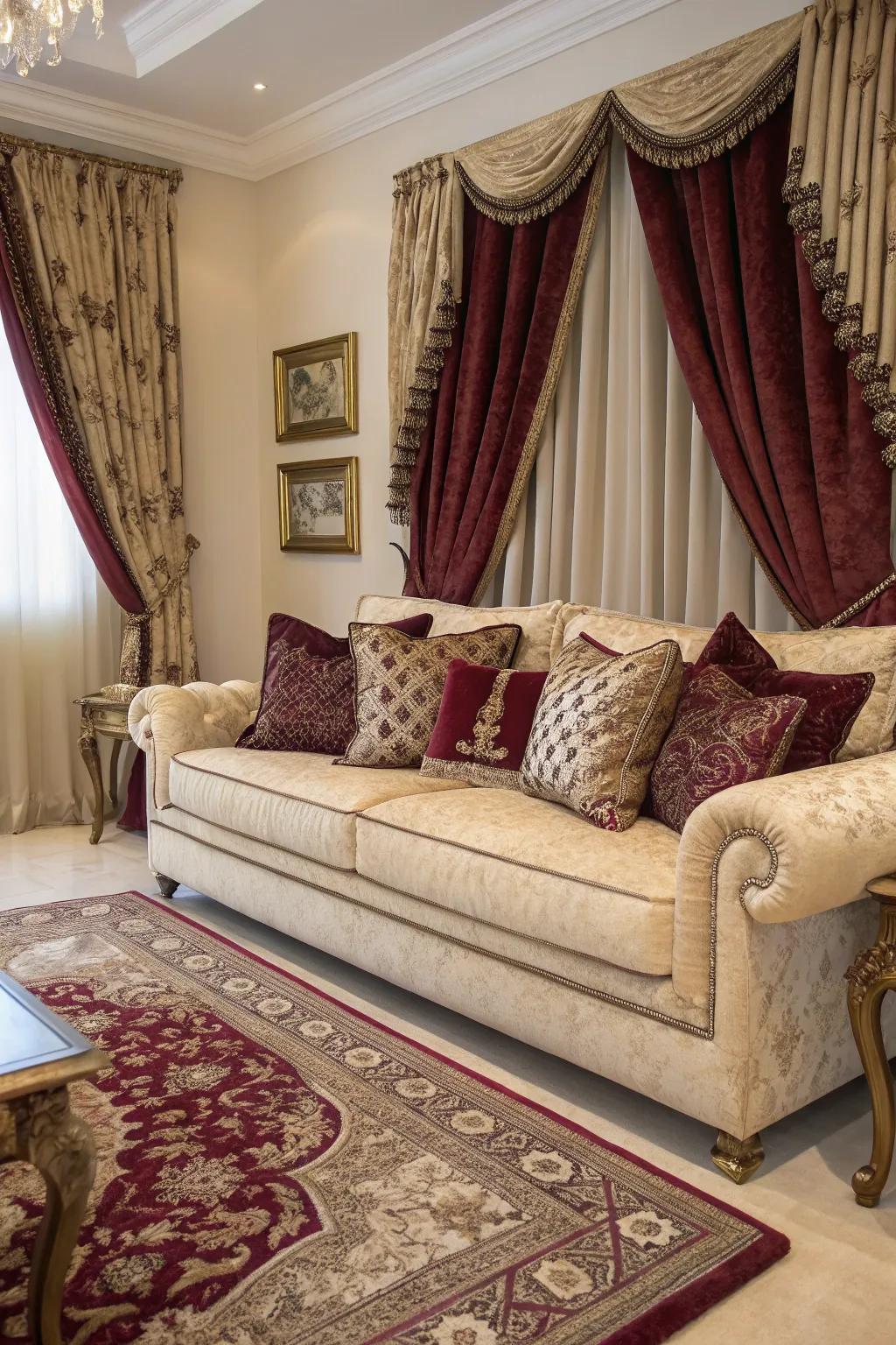 Rich textiles transform the living room into a cozy escape.