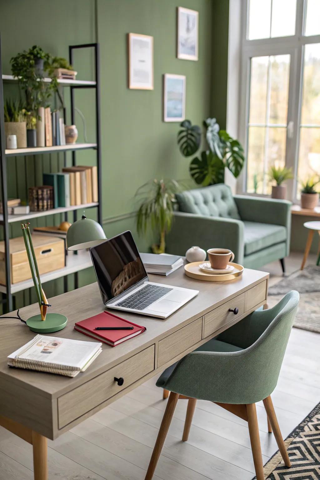 Creative energy flows in this olive green office.