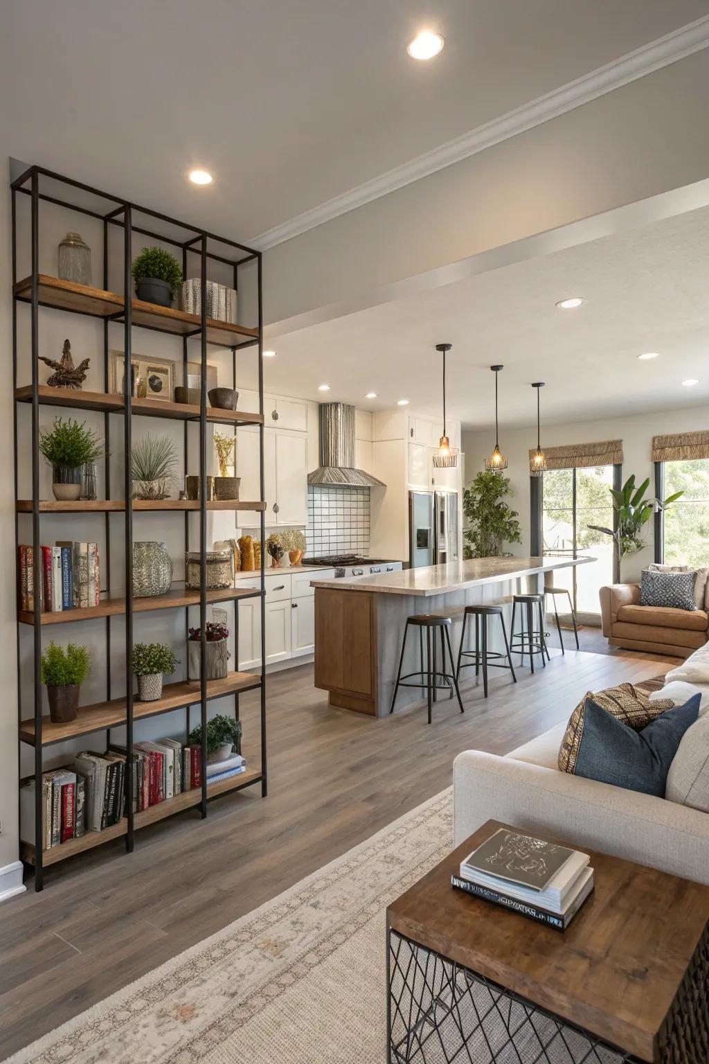 Open shelving effectively acts as a space divider in this expansive design.