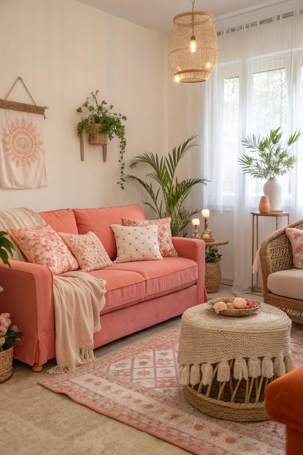 Soft peach and coral tones lend warmth and tranquility to this living space.