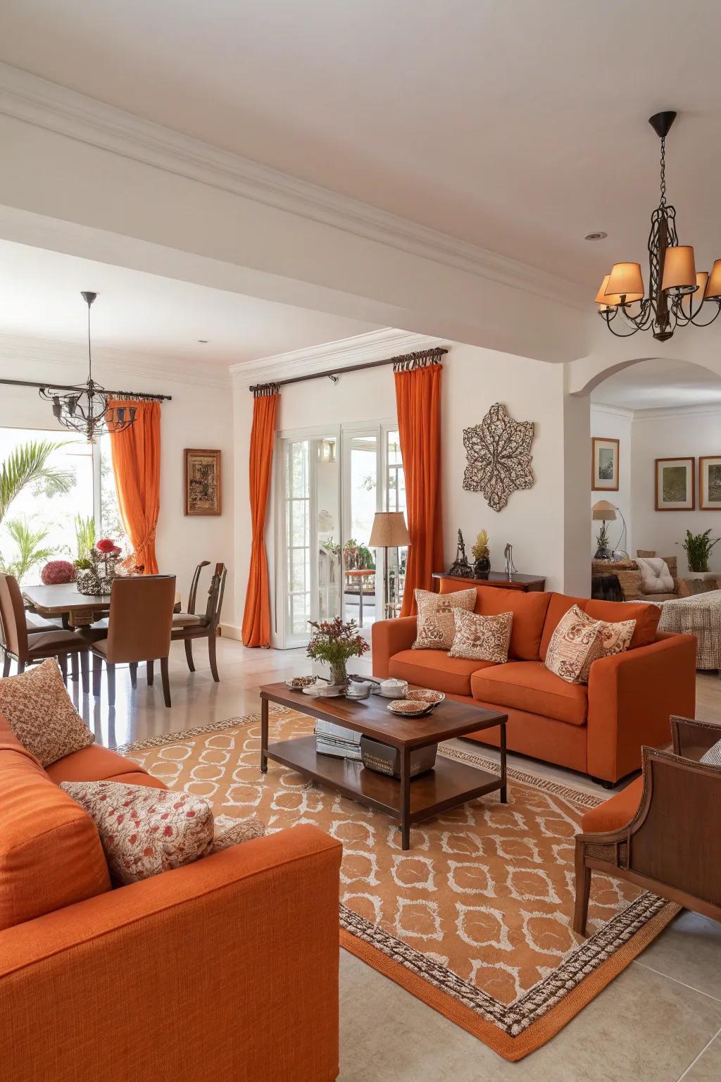 An open space featuring cohesive orange decor in the living and dining areas.