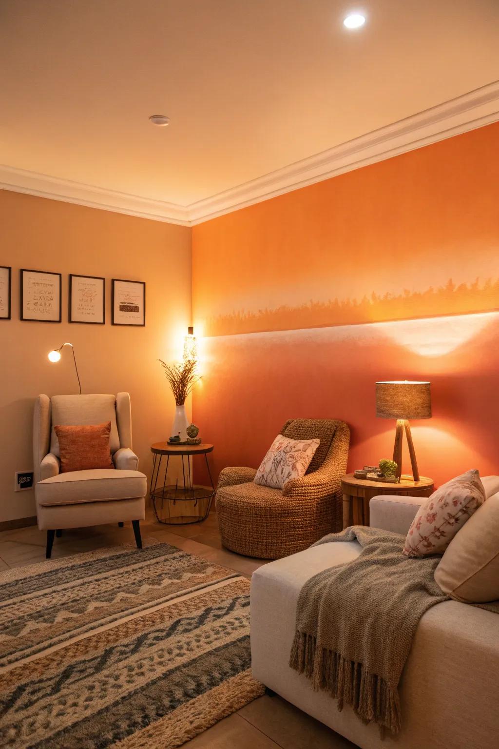 A space radiating warmth with its calming tangerine transition wall.