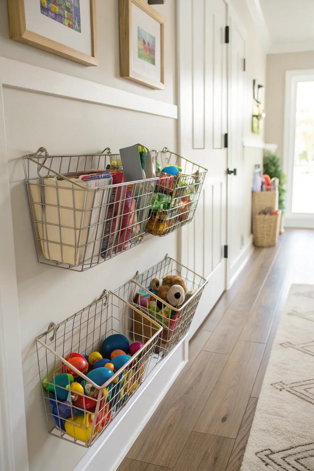 Wall-affixed baskets for efficient storage.
