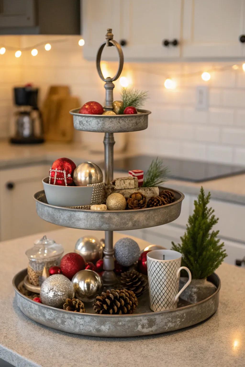 A charming vignette on a tiered tray with ornaments.