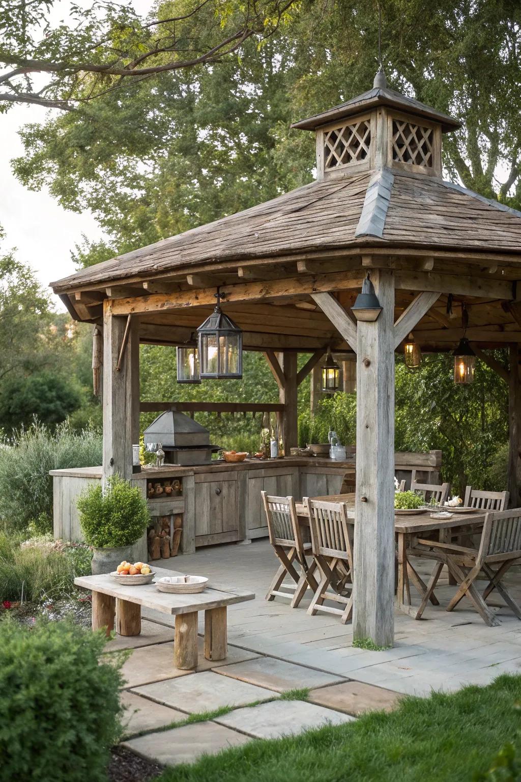 Embrace rustic finesse with a farmhouse-inspired outdoor kitchen gazebo.