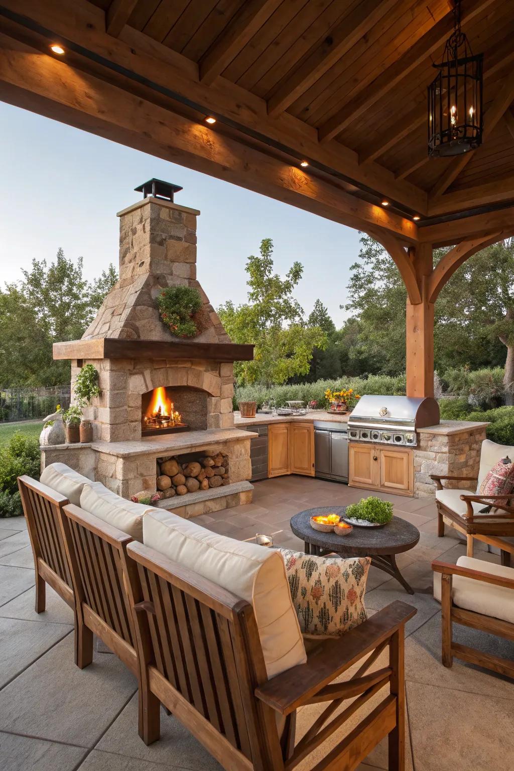 A fireplace infuses warmth and ambiance into your cooking area.