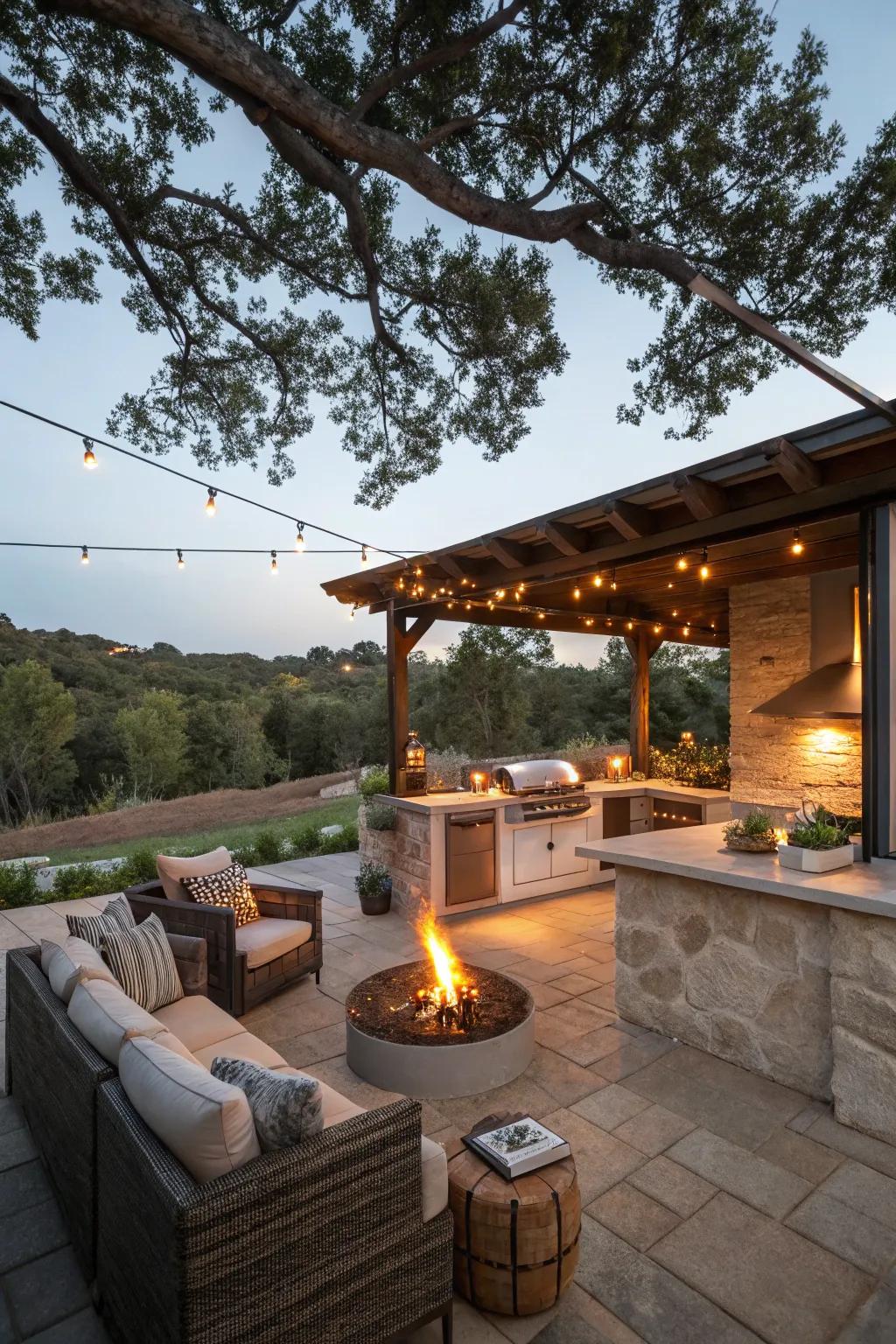 When fire features are combined with lighting, the result is a magical outdoor ambiance.