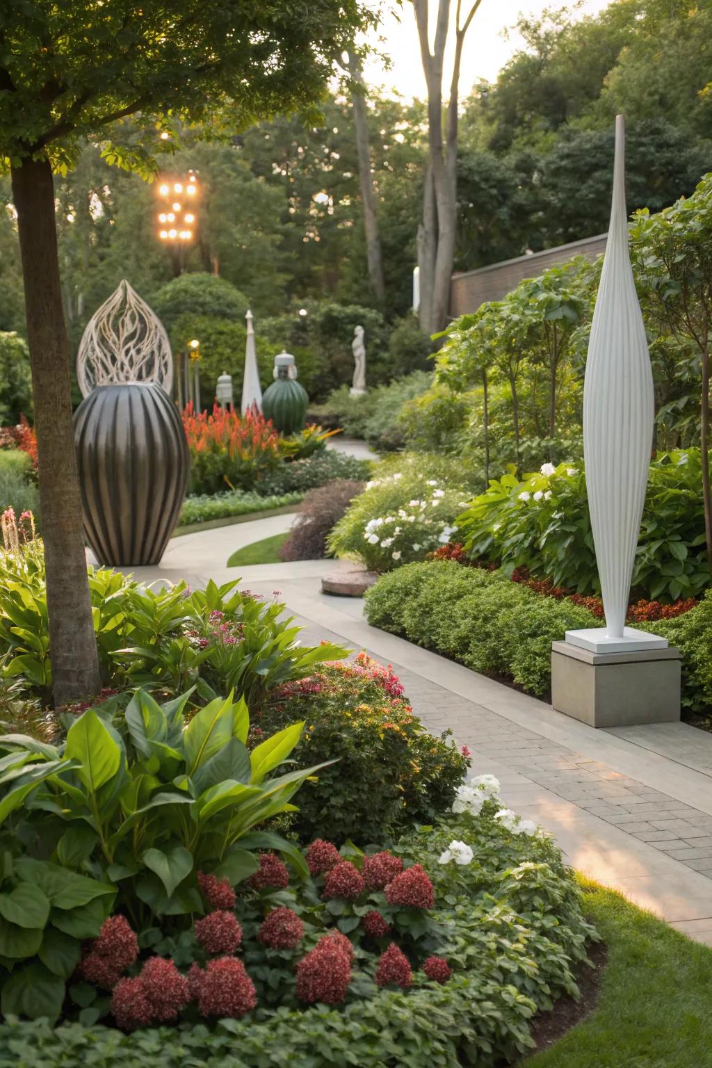 Merge artistry with nature utilizing outdoor sculptures.