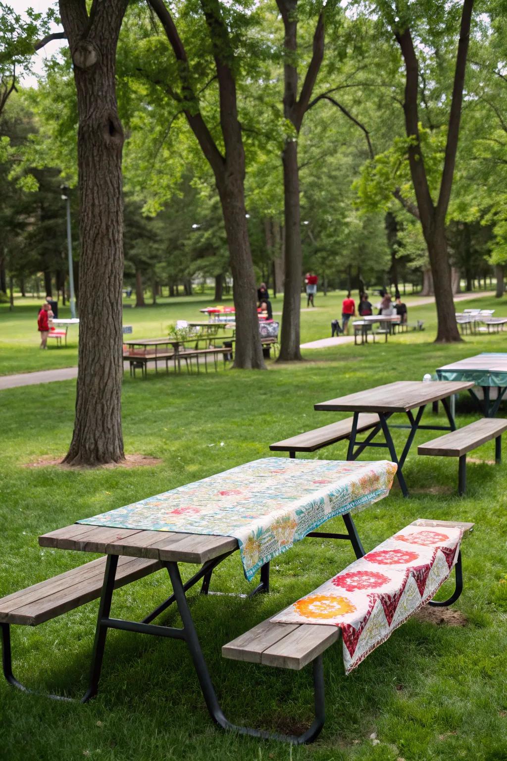 Bold table runners add personality and style to park picnics.