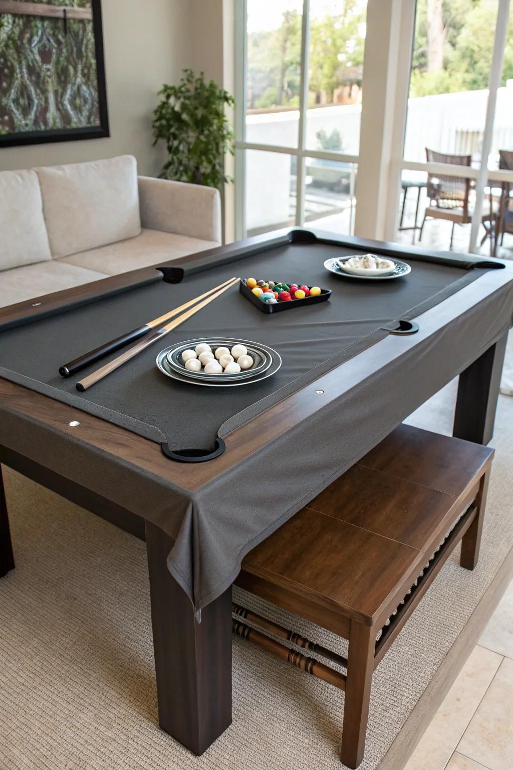 A pool table complete with a convertible cover that doubles as a dining area.